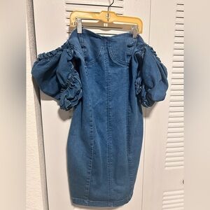 Denim Off-Shoulder Dress with Puff Sleeves